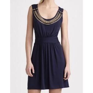 Milly Navy Gold Tone‎ Knit Layered Chain Embellished Scoop Neck Sheath Dress Lg